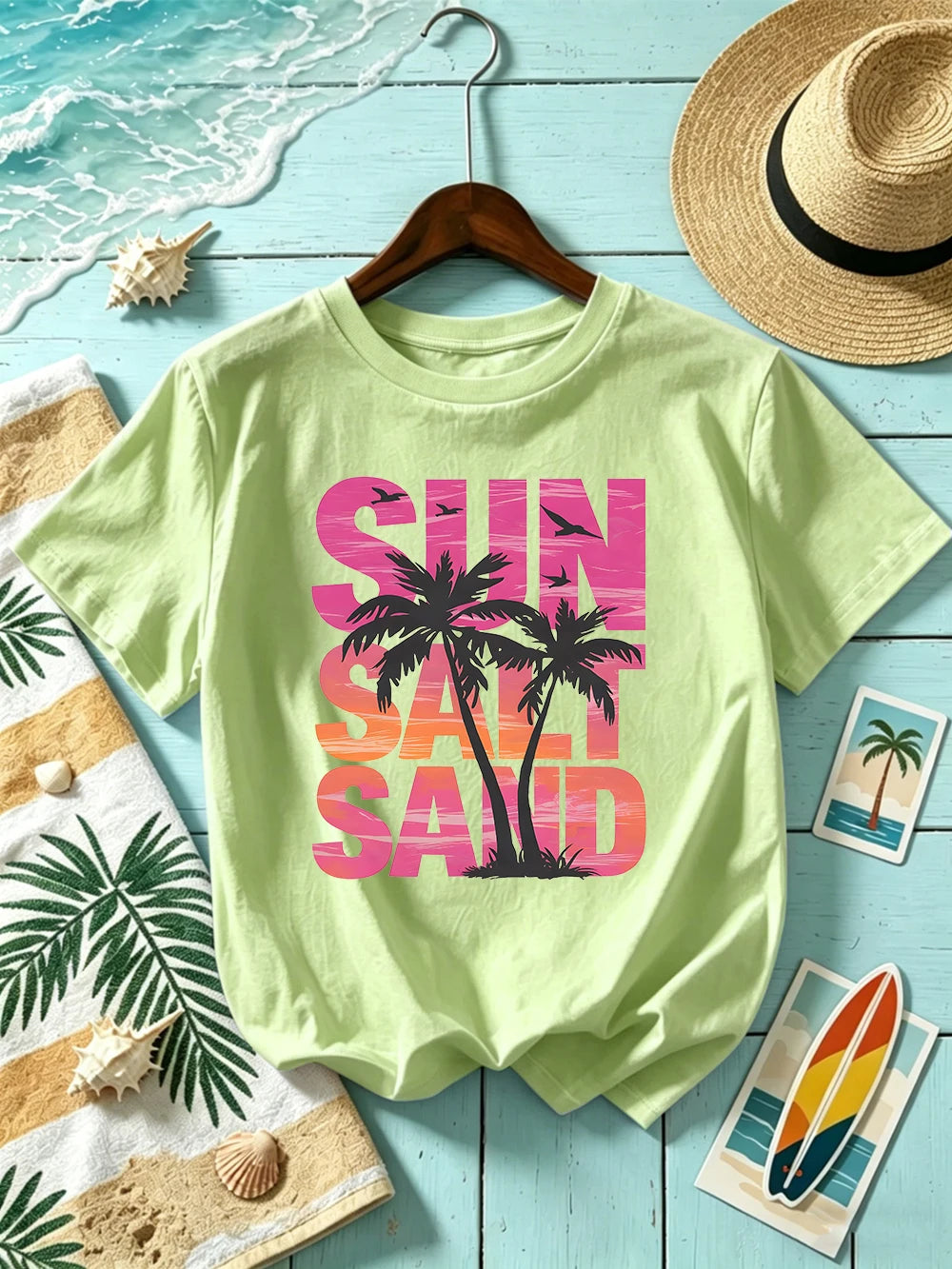 Sun Salt Sand Coconut Tree 
Prints T-Shirts Womens Cotton Summer Short Sleeve T Shirt O-Neck Oversized Tops Basic Soft Clothes