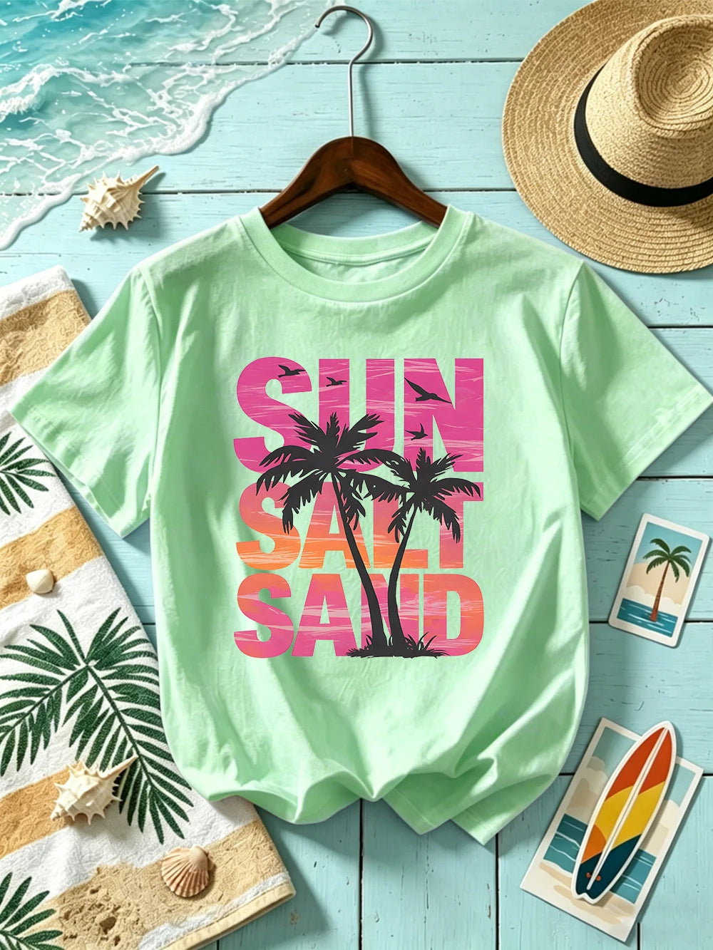 Sun Salt Sand Coconut Tree 
Prints T-Shirts Womens Cotton Summer Short Sleeve T Shirt O-Neck Oversized Tops Basic Soft Clothes
