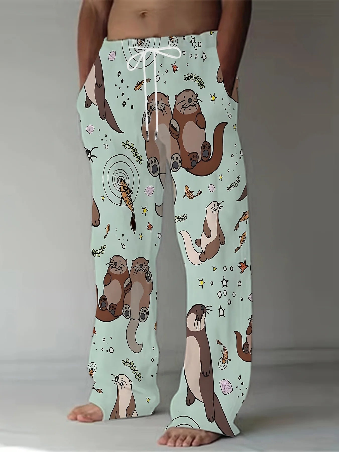 2026 Summer Men's Light Blue Cartoon Otter Print Pants Quick Dry Comfort Lounge/ pajama pants