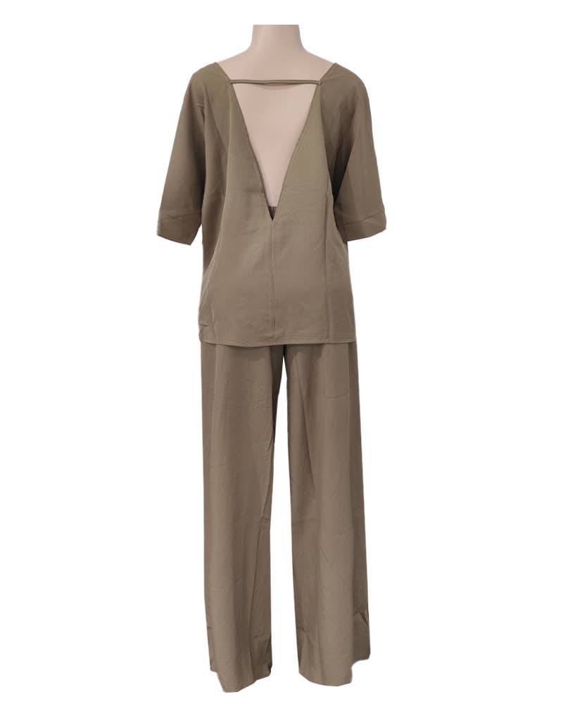 V-Neck Bat-Sleeve Casual Top Wide-Leg Pants Set: RoseRed / L