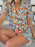 Cute Sushi Print Ruffle Lace Short Pajama Set: Blue / L
