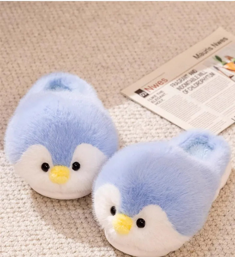 Fuzzy Penguin Plush Slippers — Cute Soft Furry Indoor House Shoes
