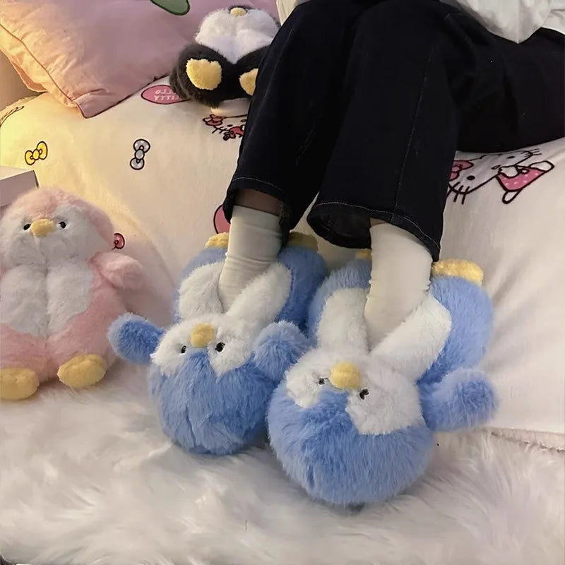 Fuzzy Penguin Plush Slippers — Cute Soft Furry Indoor House Shoes