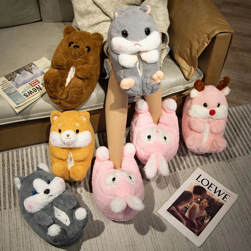 3D Animal Plush Women's Slippers — Shiba Inu, Reindeer & Hamster Styles