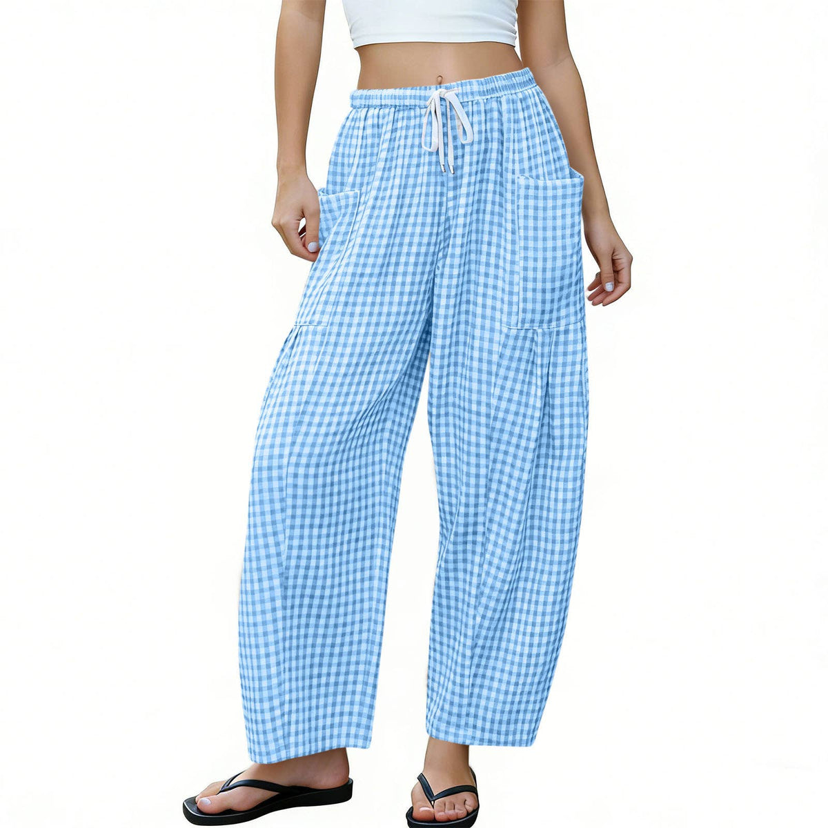 Women Gingham Wide Leg Pants Drawstring Loose Trousers: Green / L