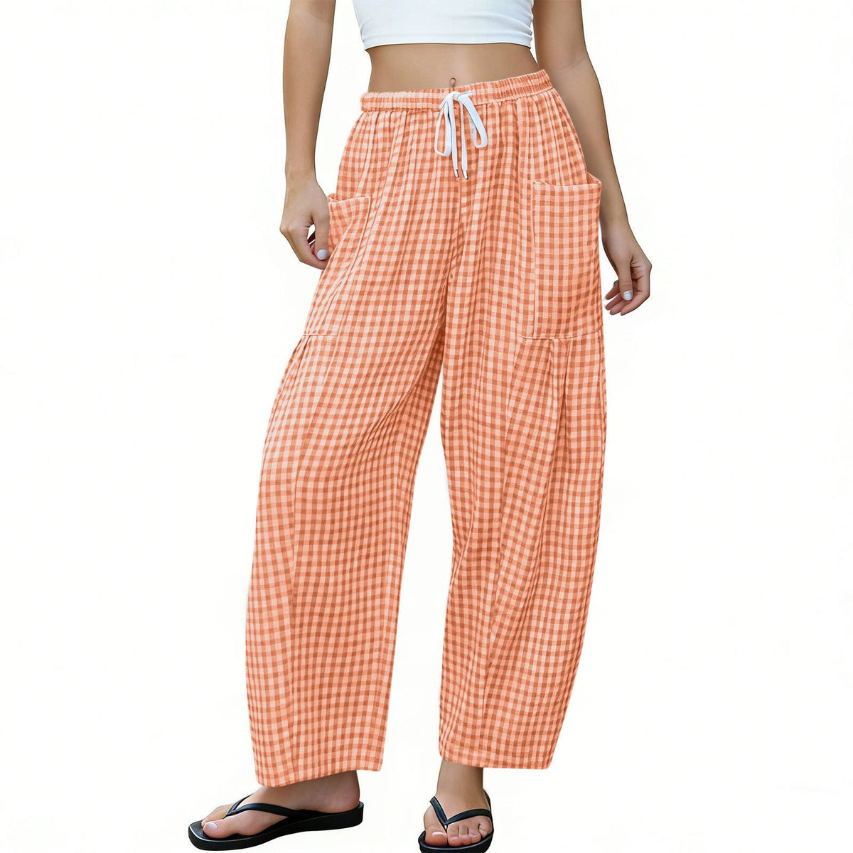 Women Gingham Wide Leg Pants Drawstring Loose Trousers: Green / L