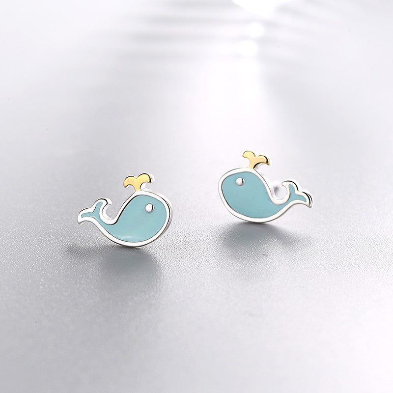 Blue Whale and Dolphin Stud Earrings in Sterling Silver