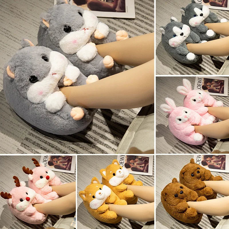 3D Animal Plush Women's Slippers — Shiba Inu, Reindeer & Hamster Styles