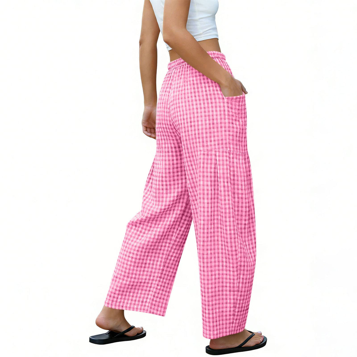 Women Gingham Wide Leg Pants Drawstring Loose Trousers: Pink / M