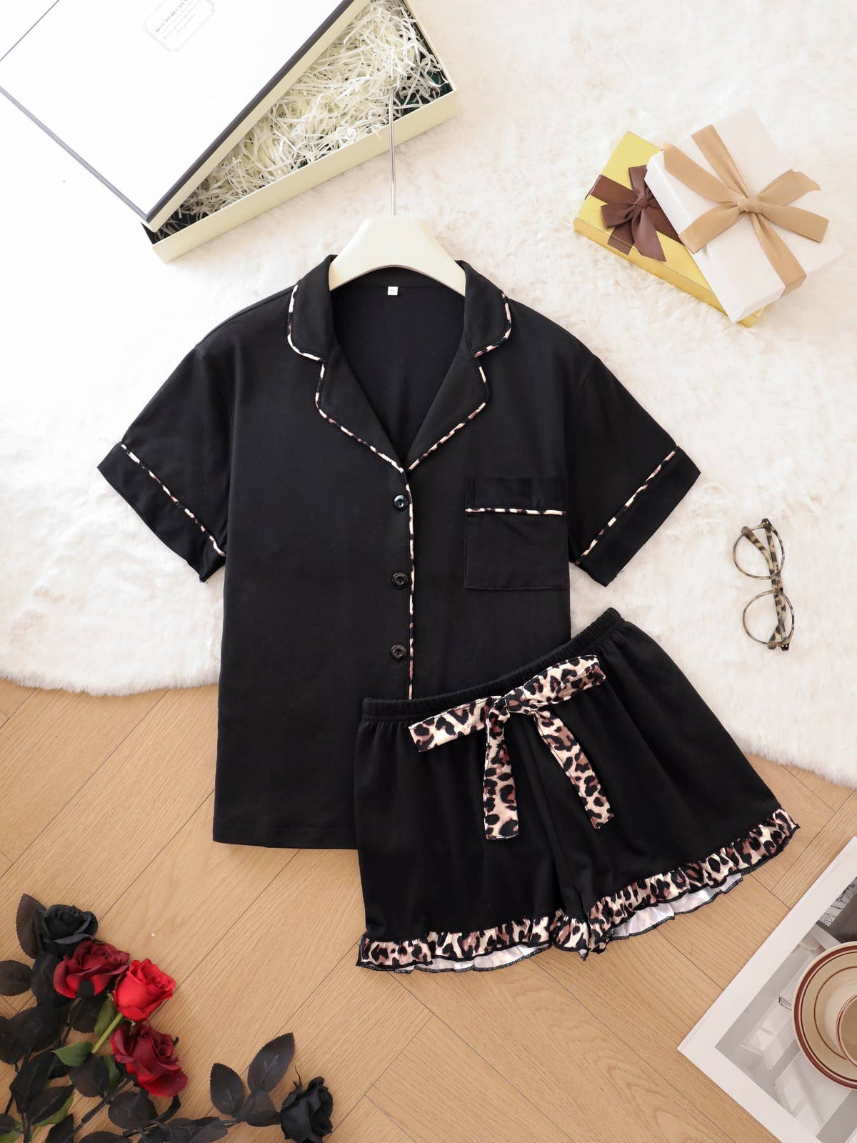 Cute Sushi Print Ruffle Lace Short Pajama Set: Blue / L