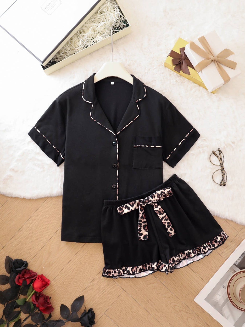 Cute Sushi Print Ruffle Lace Short Pajama Set: LtBlue / XL