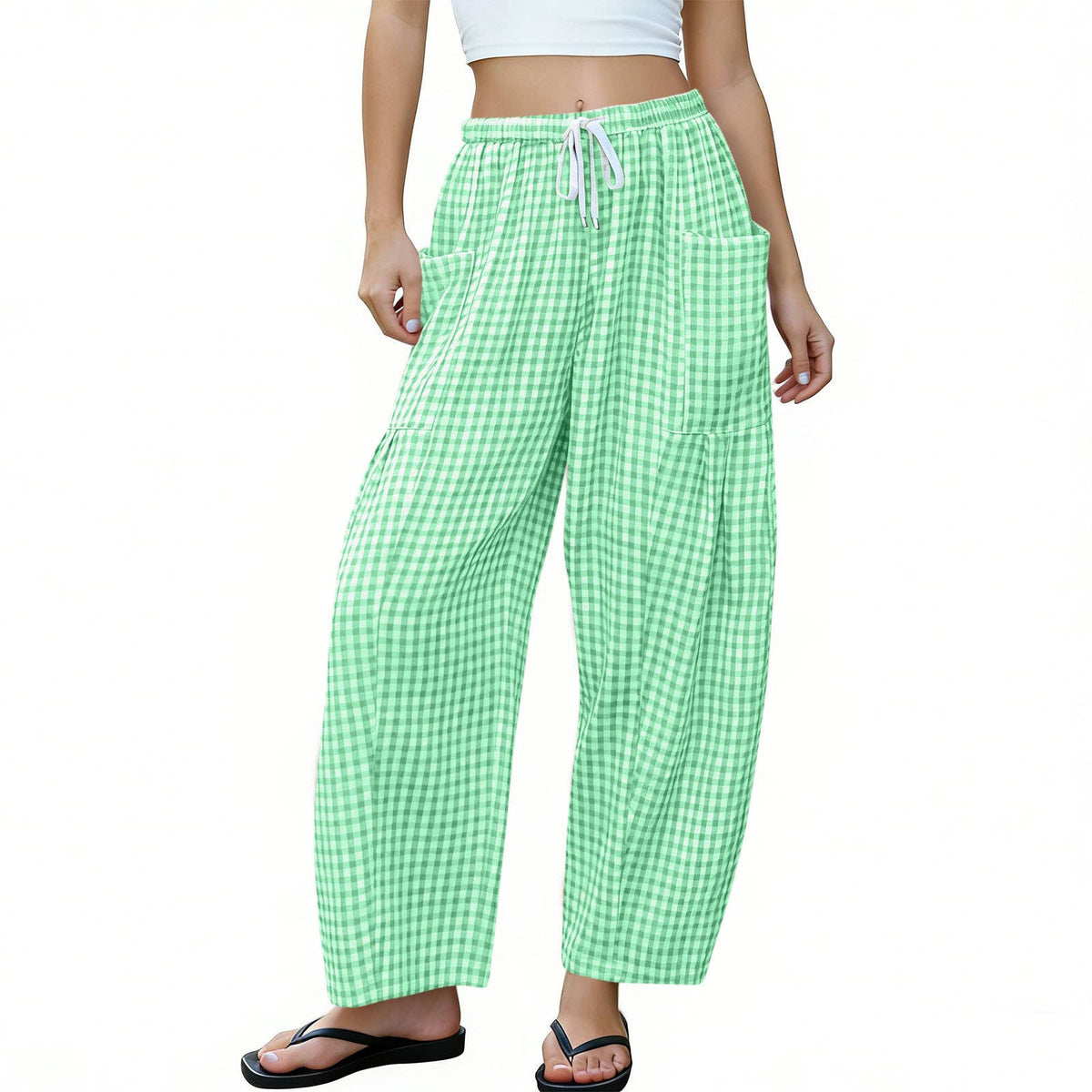 Women Gingham Wide Leg Pants Drawstring Loose Trousers: Green / L