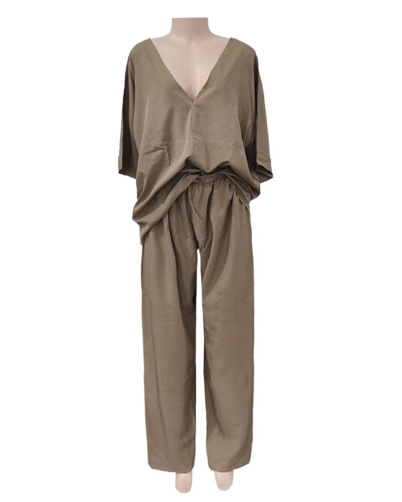 V-Neck Bat-Sleeve Casual Top Wide-Leg Pants Set: Black / L