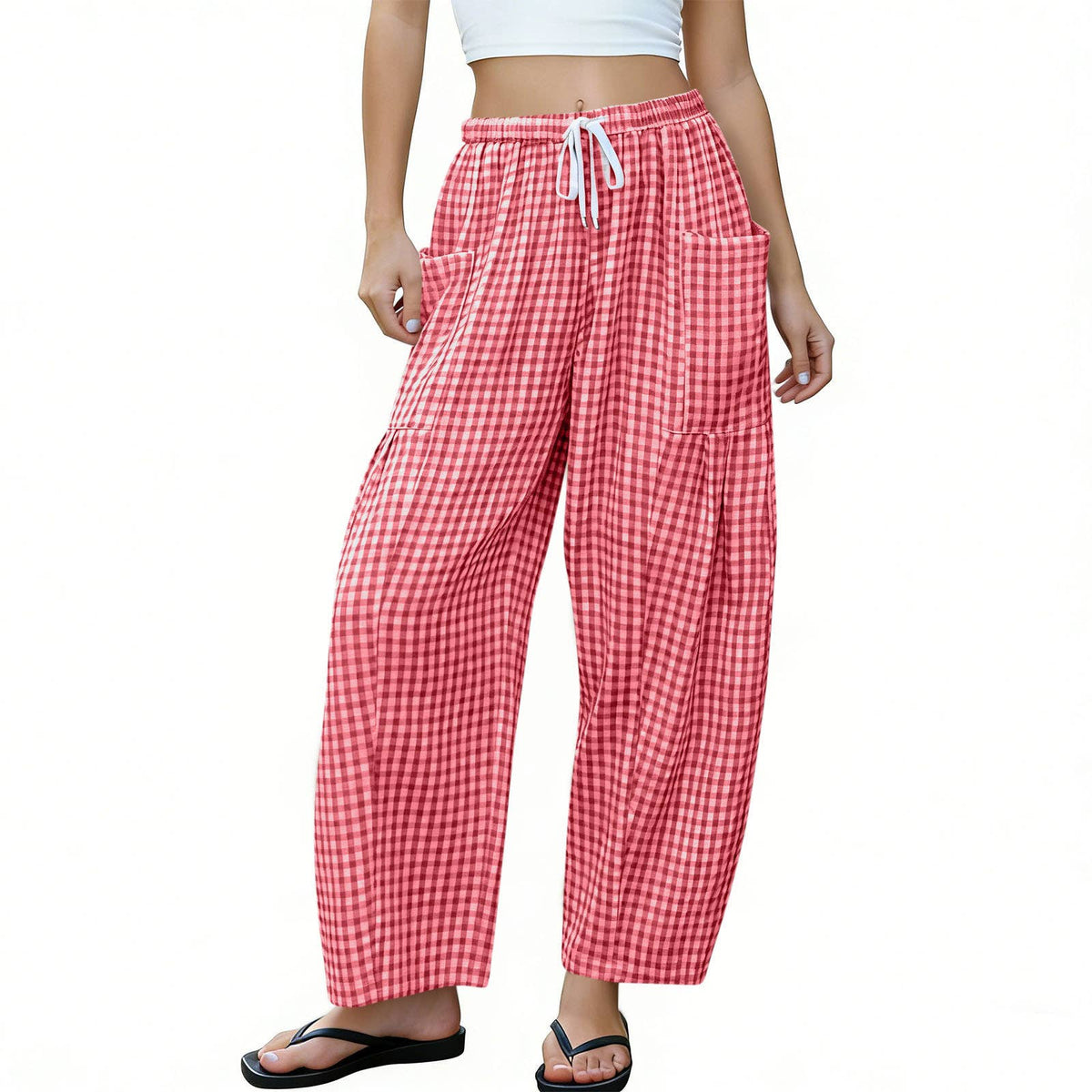 Women Gingham Wide Leg Pants Drawstring Loose Trousers: Pink / M