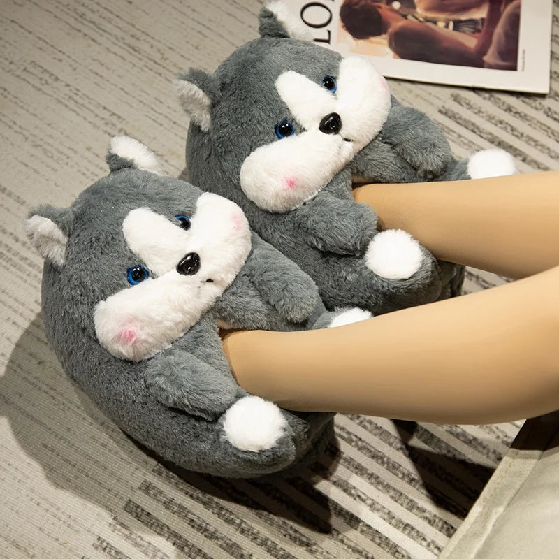 3D Animal Plush Women's Slippers — Shiba Inu, Reindeer & Hamster Styles
