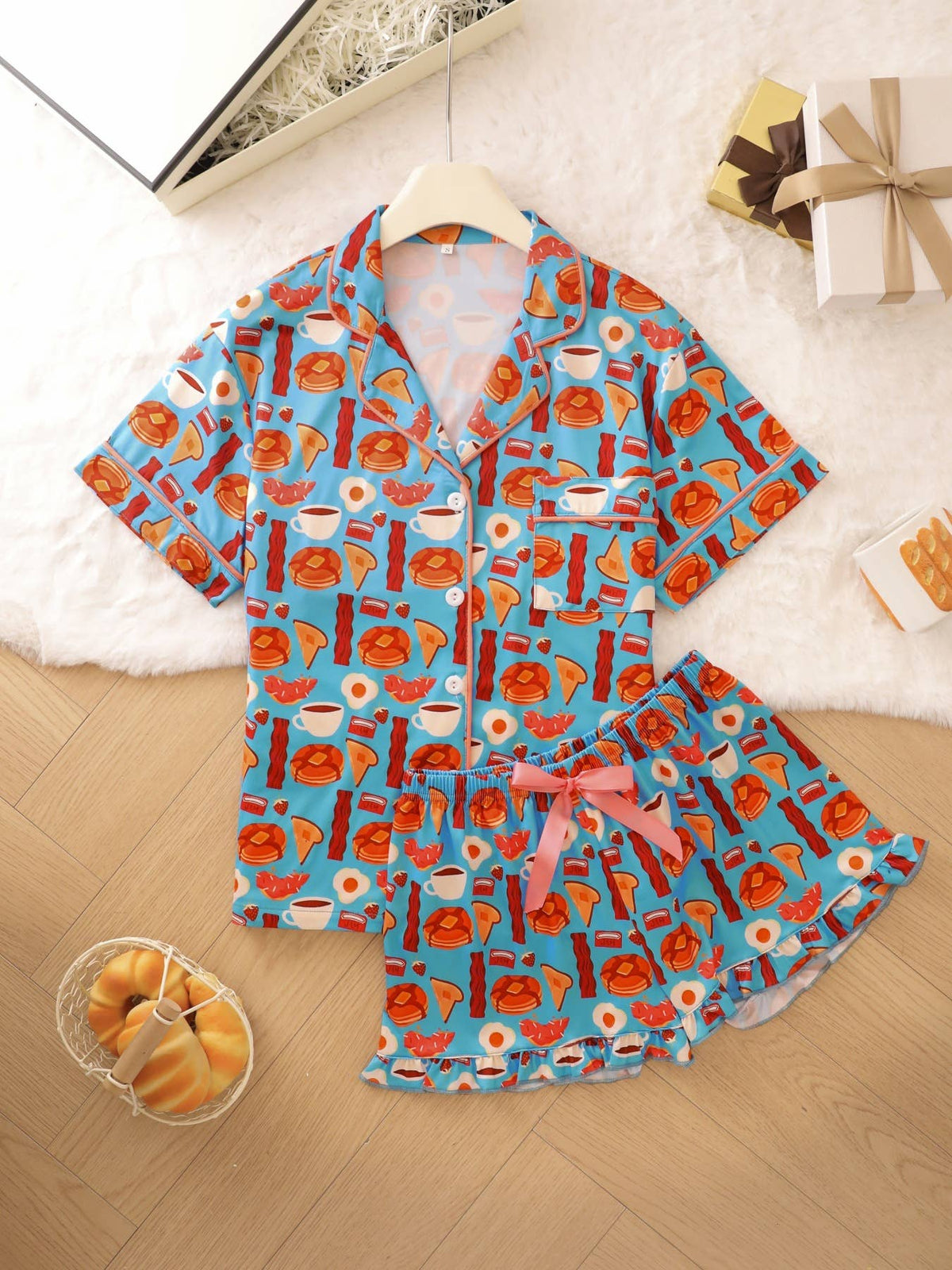 Cute Sushi Print Ruffle Lace Short Pajama Set: LtBlue / L