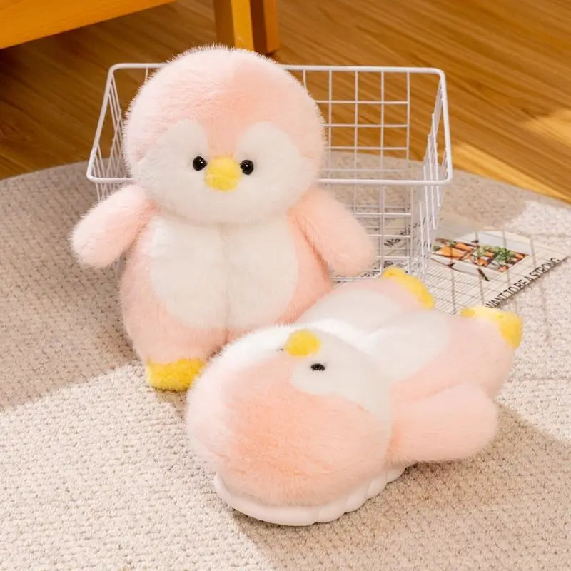 Fuzzy Penguin Plush Slippers — Cute Soft Furry Indoor House Shoes